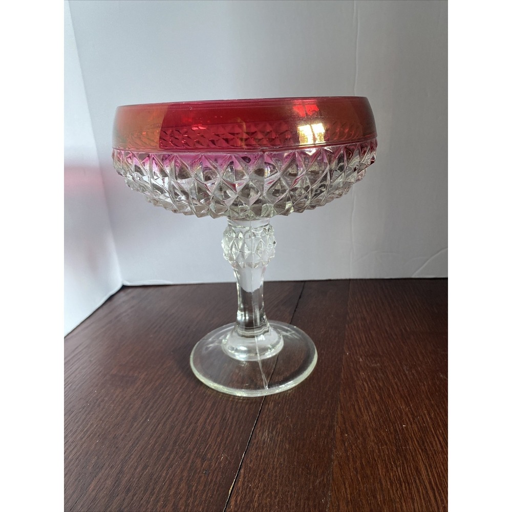 7" Vintage Indiana Glass Diamond Point Ruby Red Trim Compote Candy Dish Pedestal